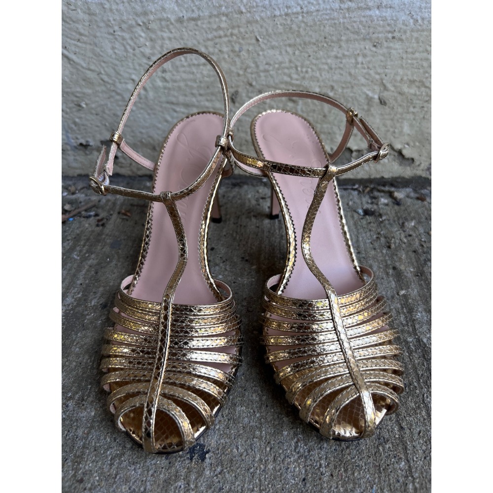 J.CREW Rylie Caged-Toe-Metallic Gold Textured Snake Leather Heels Sz 9 NWOT